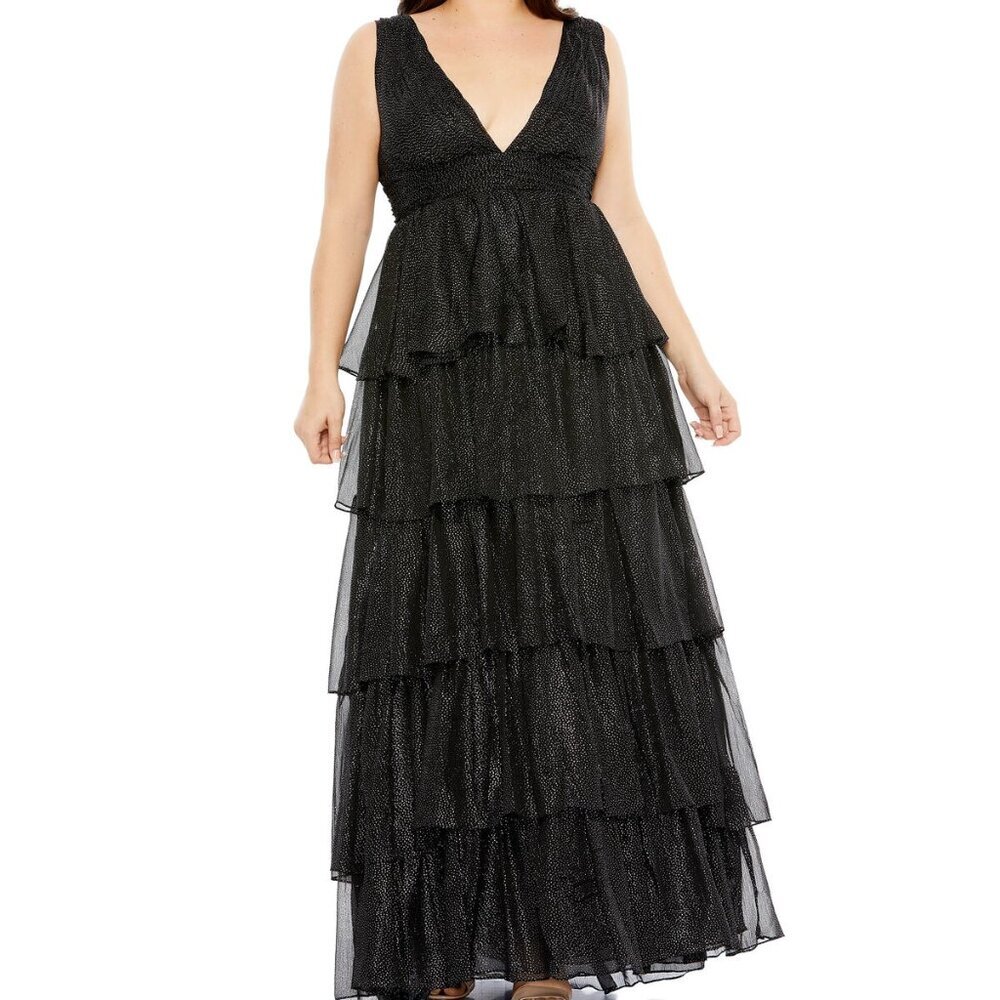 Mac Duggal Black Silver Tiered Skirt Plunging Neck Dress